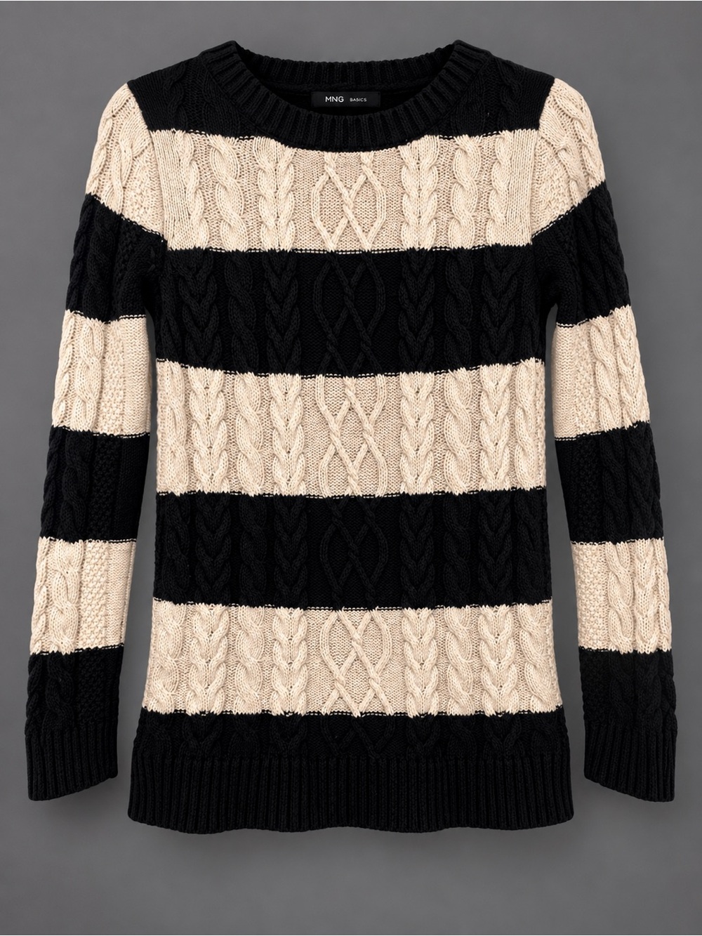 MNG Basic XS 100% Wool Preppy Black & Cream Striped Cable-Knit Crew Sweater 🖤🤎🖤
